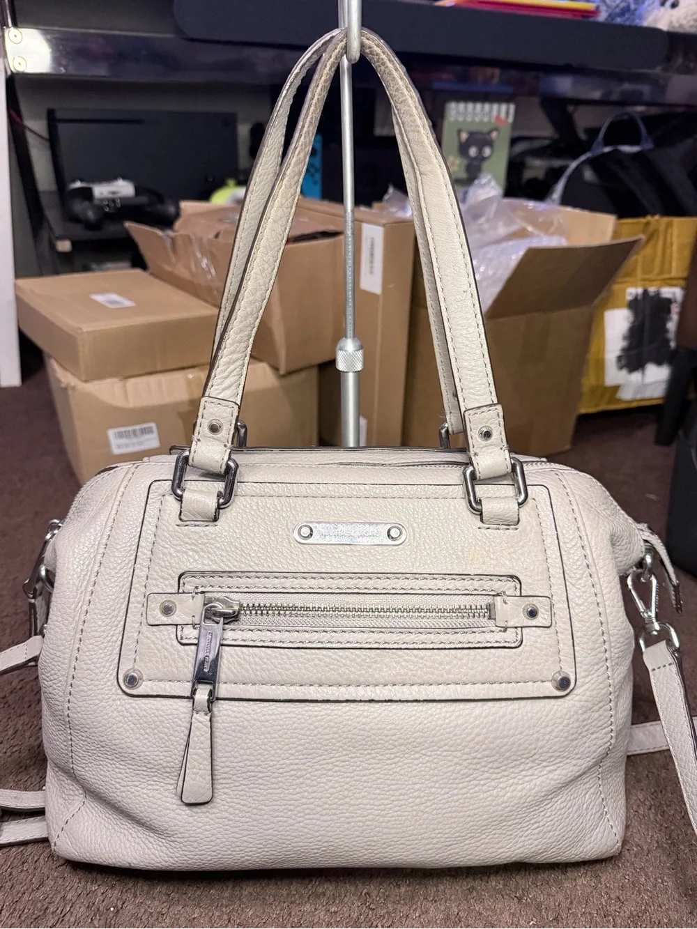 Michael Kors Gray Pebbled Women's Satchel Handbag with Silver Zipper Accents